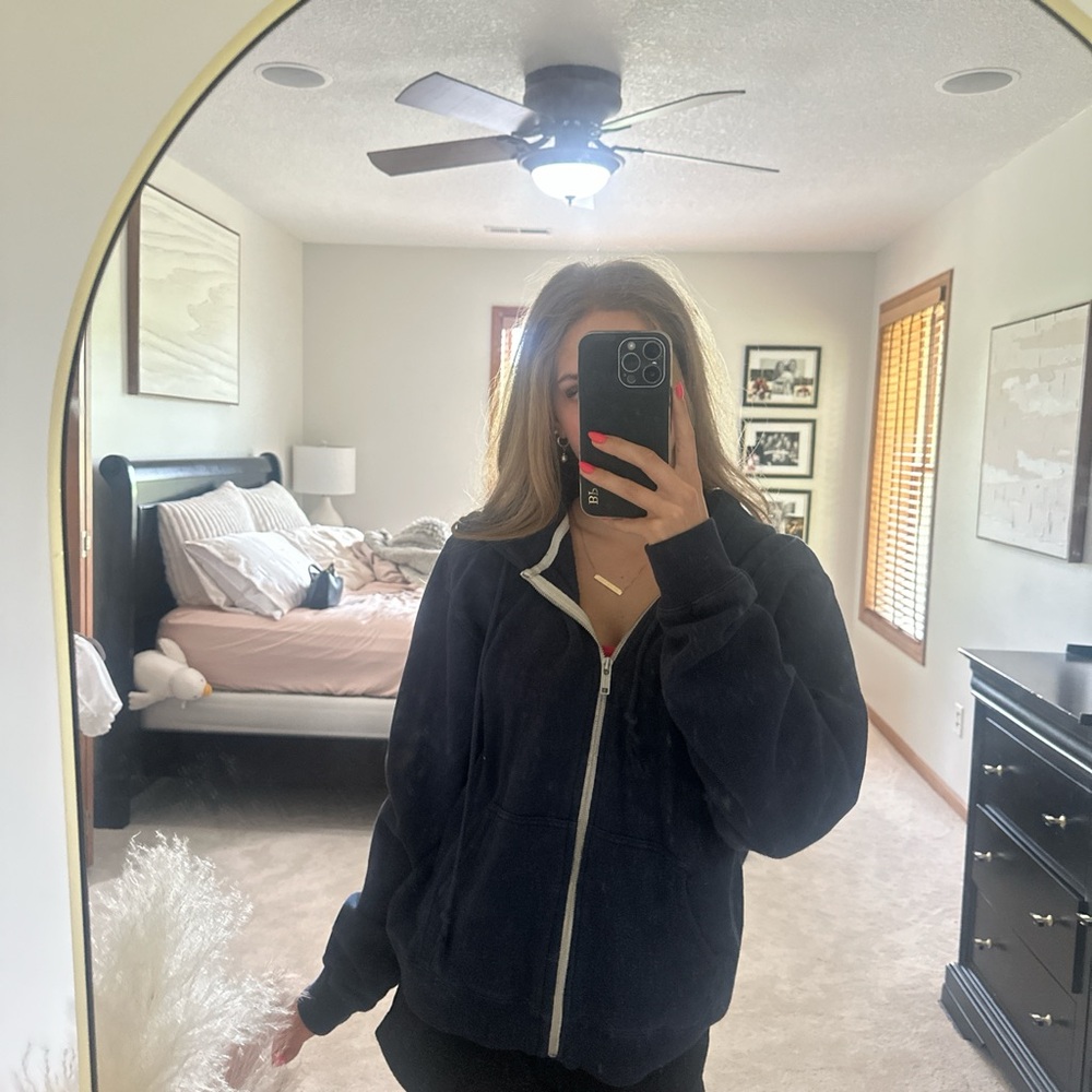 Brandy Melville Black Full-Zip Hoodie with White Trim